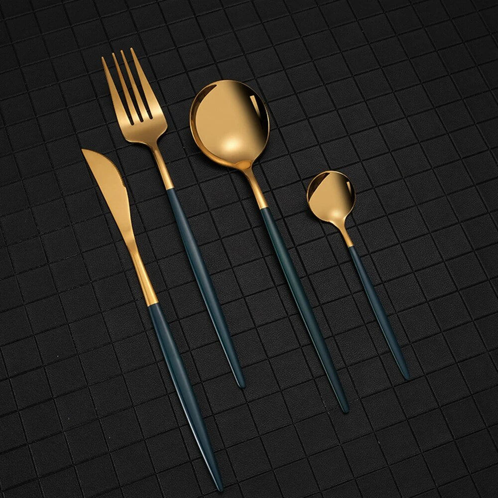 Black Handle Golden Cutlery Set Stainless Steel Knife Fork Spoon Tableware