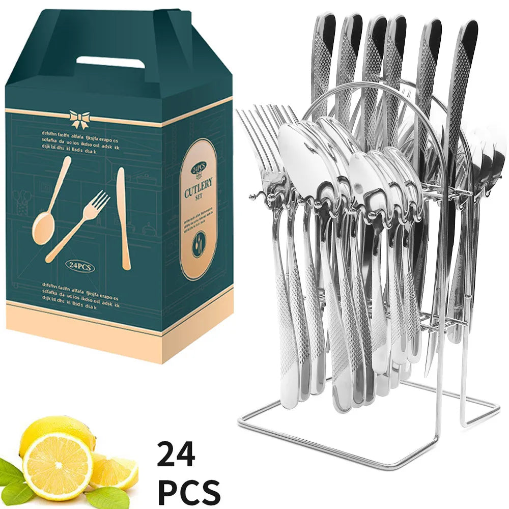 Stainless Steel Cutlery Hammer Pattern Ceramic Handle Knife Fork Spoon Set