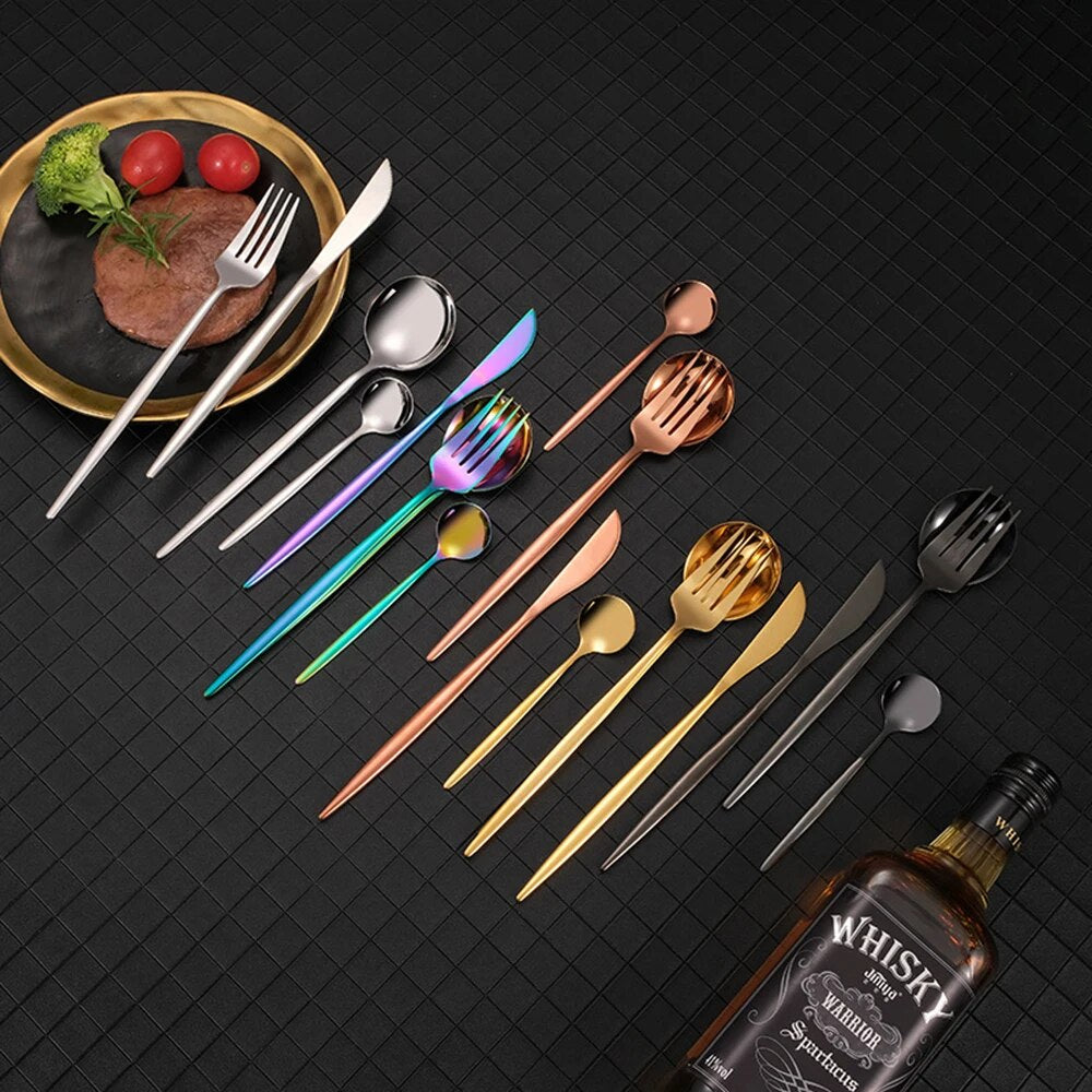 Black Handle Golden Cutlery Set Stainless Steel Knife Fork Spoon Tableware