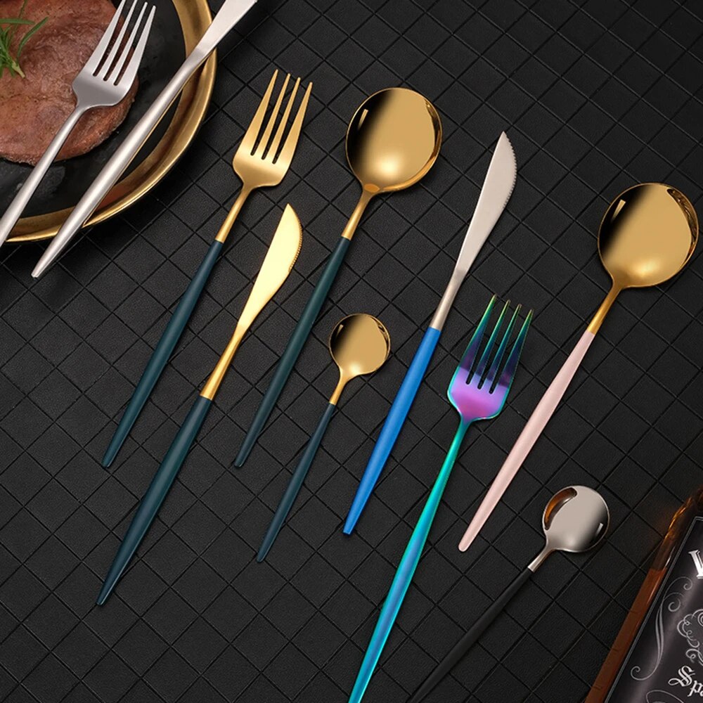 Black Handle Golden Cutlery Set Stainless Steel Knife Fork Spoon Tableware