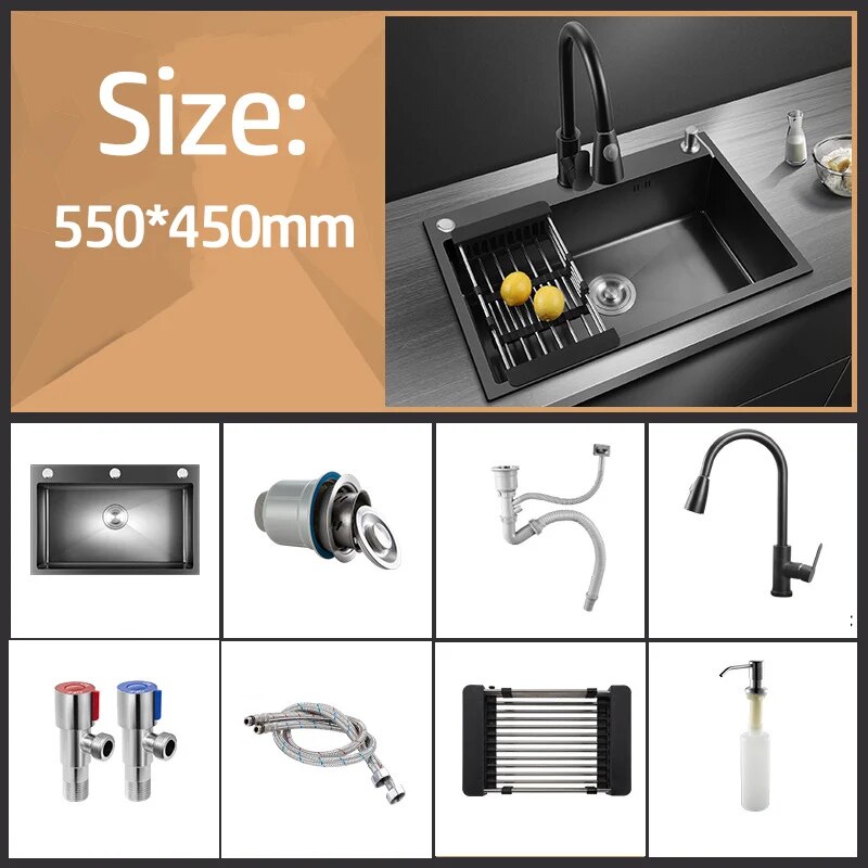 Black Nano Wash Basin Single Sink creative Stainless Steel Kitchen Sinks Drain Set