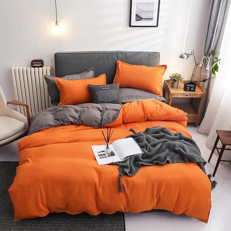 Solid Color Bedding Set Orange Grey Single Double Size Bed Linen Duvet Cover Pillowcase