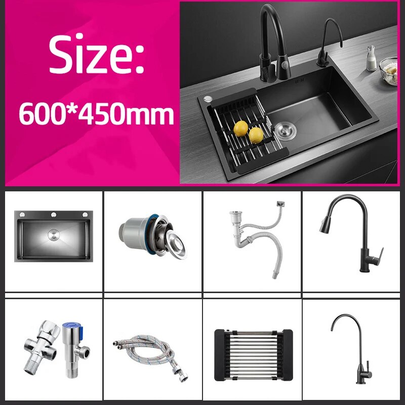 Black Nano Wash Basin Single Sink creative Stainless Steel Kitchen Sinks Drain Set