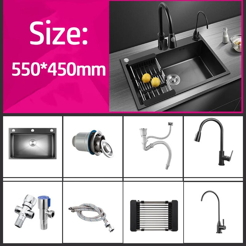 Black Nano Wash Basin Single Sink creative Stainless Steel Kitchen Sinks Drain Set