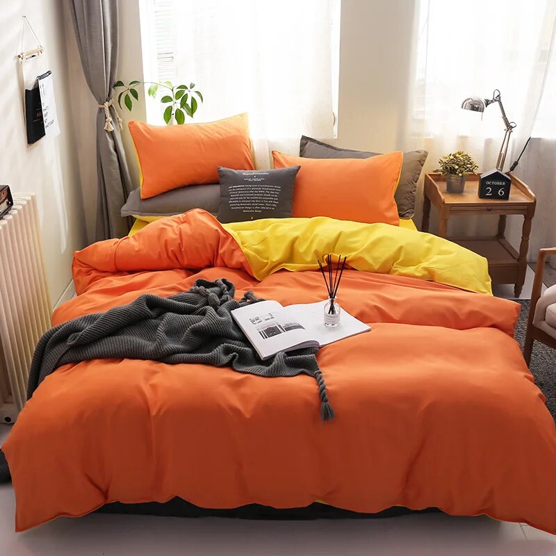 Solid Color Bedding Set Orange Grey Single Double Size Bed Linen Duvet Cover Pillowcase